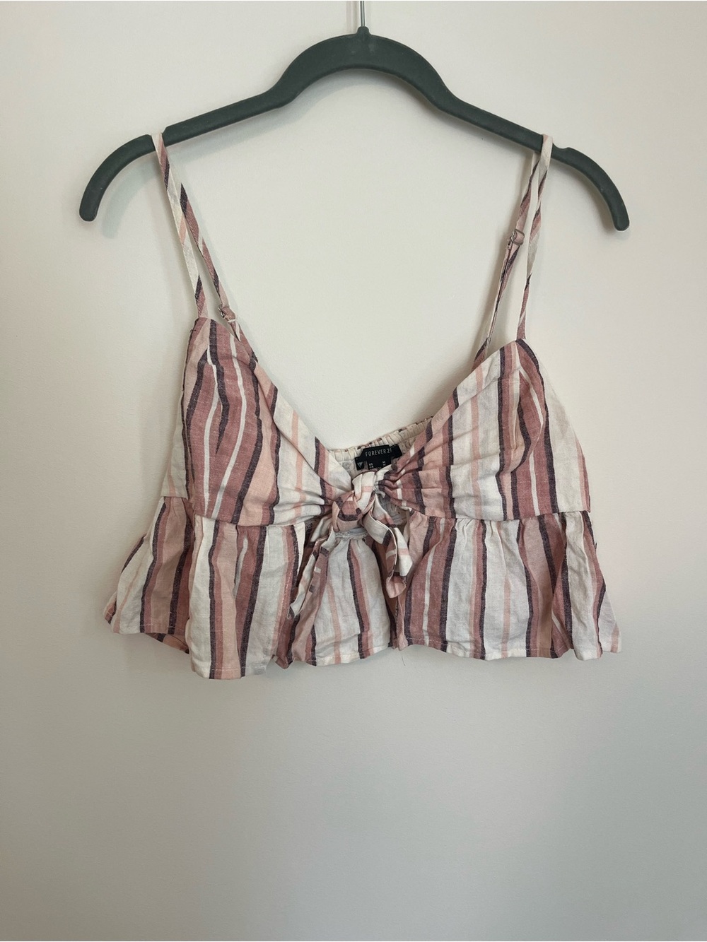 Striped Tie-Front Ruffle Crop Top - Pink